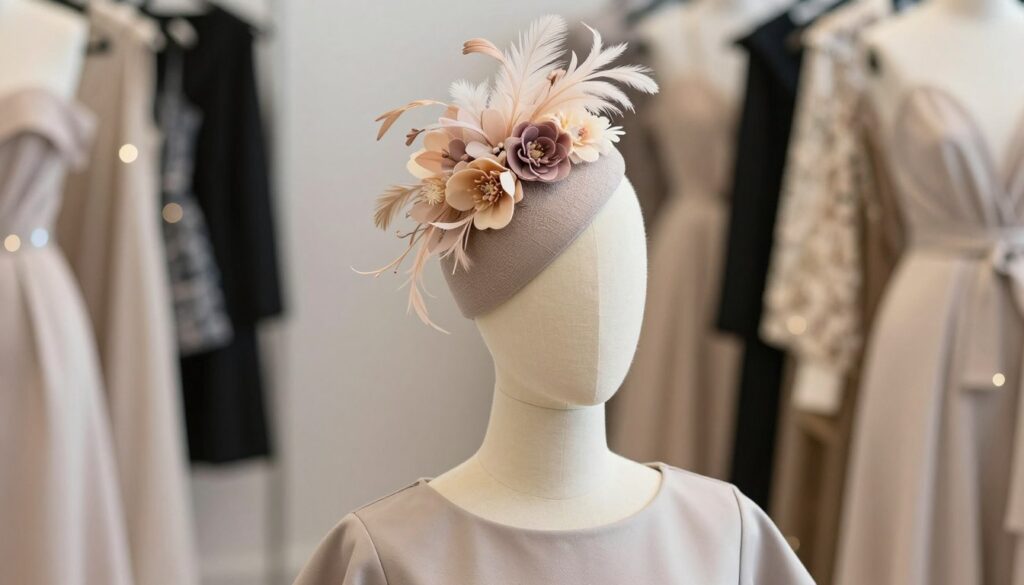 A stylish fascinator displayed elegantly on a female mannequin, showcasing its intricate design and proportionate shape. The fascinator features delicate feathers and flowers in soft pastel colors, complementing a modest, chic dress in a neutral tone. The background is a softly blurred fashion studio setting, filled with elegant details like fabric swatches and twinkling lights, enhancing the atmosphere of sophistication. The lighting is soft and natural, highlighting the textures of the fascinator and dress, with a focus on the upper part of the mannequin to emphasize proportion and style. Capture this image from a slightly elevated angle to accentuate the fascinator's design, creating an overall mood of elegance and refinement. A stylish fascinator displayed elegantly on a female mannequin, showcasing its intricate design and proportionate shape. The fascinator features delicate feathers and flowers in soft pastel colors, complementing a modest, chic dress in a neutral tone. The background is a softly blurred fashion studio setting, filled with elegant details like fabric swatches and twinkling lights, enhancing the atmosphere of sophistication. The lighting is soft and natural, highlighting the textures of the fascinator and dress, with a focus on the upper part of the mannequin to emphasize proportion and style. Capture this image from a slightly elevated angle to accentuate the fascinator's design, creating an overall mood of elegance and refinement.
