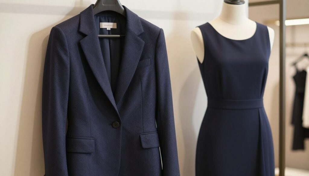 A stylish jacket paired with a navy dress, showcasing elegance and sophistication. The jacket is tailored with a fitted silhouette, featuring intricate detailing such as subtle patterns or textures. The navy dress flows gracefully, accentuating the waist. The foreground captures the jacket draped elegantly over a hanger, while the dress hangs nearby on a mannequin. In the middle, a softly blurred background reveals a chic boutique setting with neutral colors and soft lighting that creates an inviting atmosphere. The scene is framed with a warm, natural light source, casting gentle shadows to enhance the textures. The overall mood conveys a sense of refined fashion, suitable for various occasions, underscoring the importance of choosing the right jacket style to complement the navy dress. A stylish jacket paired with a navy dress, showcasing elegance and sophistication. The jacket is tailored with a fitted silhouette, featuring intricate detailing such as subtle patterns or textures. The navy dress flows gracefully, accentuating the waist. The foreground captures the jacket draped elegantly over a hanger, while the dress hangs nearby on a mannequin. In the middle, a softly blurred background reveals a chic boutique setting with neutral colors and soft lighting that creates an inviting atmosphere. The scene is framed with a warm, natural light source, casting gentle shadows to enhance the textures. The overall mood conveys a sense of refined fashion, suitable for various occasions, underscoring the importance of choosing the right jacket style to complement the navy dress.