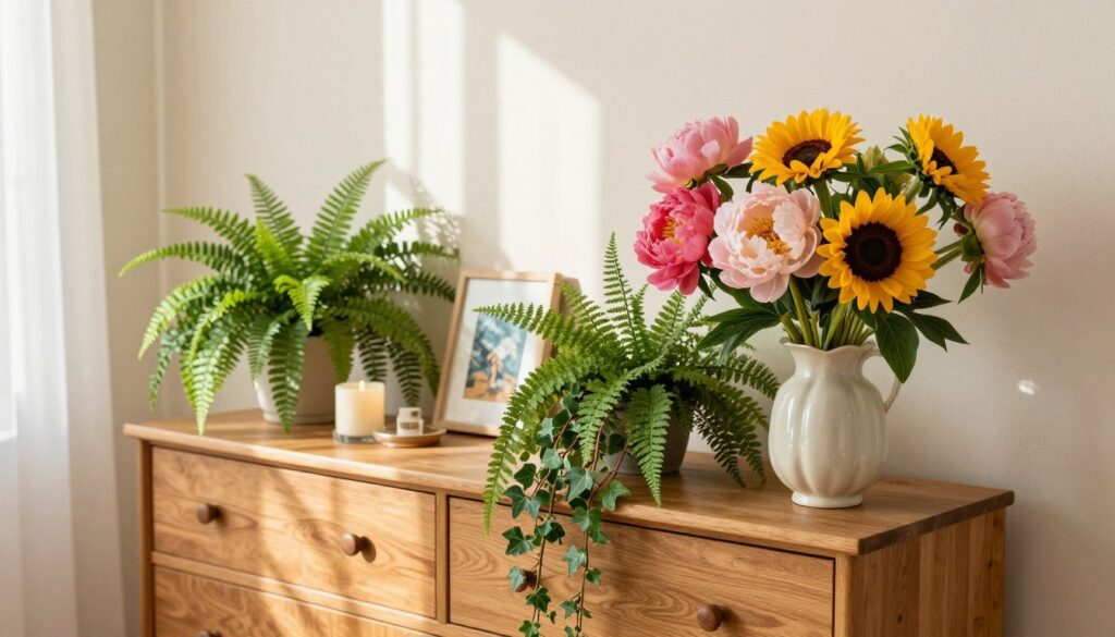 A stylish living room featuring a wooden commode adorned with an assortment of vibrant flowers and lush plants. In the foreground, a bouquet of colorful peonies and sunflowers in an elegant vase captures attention. Delicate green ferns and trailing ivy elegantly cascade over the edges of the commode. The middle ground shows the commode with a warm wooden texture, complemented by tasteful decorative items like a candle and a small art piece. In the background, soft, natural light filters through a window, casting gentle shadows and creating a cozy, inviting atmosphere. The walls are painted in a soft pastel hue, enhancing the cheerful vibe of the floral arrangement. The overall mood is fresh, lively, and harmonious, capturing the essence of nature indoors.