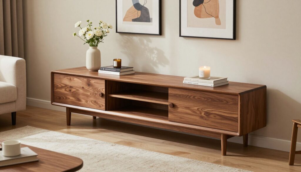A stylish living room scene featuring a modern TV cabinet, carefully decorated with harmonious accessories. The foreground includes an elegant, minimalist RTV cabinet made of warm wood tones, adorned with tasteful decor items such as a sleek vase with fresh flowers, a few art books, and an aromatic candle. The middle ground showcases a plush area rug and a soft sofa, creating a cozy atmosphere. In the background, serene wall art complements the decor, enhancing the overall aesthetic. The lighting is soft and diffuse, emulating a tranquil afternoon glow, and the camera angle captures the ensemble from a slightly elevated viewpoint to encompass the desired arrangement. The mood is inviting and sophisticated, perfect for inspiration on how to style RTV spaces beautifully while maintaining functionality. A stylish living room scene featuring a modern TV cabinet, carefully decorated with harmonious accessories. The foreground includes an elegant, minimalist RTV cabinet made of warm wood tones, adorned with tasteful decor items such as a sleek vase with fresh flowers, a few art books, and an aromatic candle. The middle ground showcases a plush area rug and a soft sofa, creating a cozy atmosphere. In the background, serene wall art complements the decor, enhancing the overall aesthetic. The lighting is soft and diffuse, emulating a tranquil afternoon glow, and the camera angle captures the ensemble from a slightly elevated viewpoint to encompass the desired arrangement. The mood is inviting and sophisticated, perfect for inspiration on how to style RTV spaces beautifully while maintaining functionality.