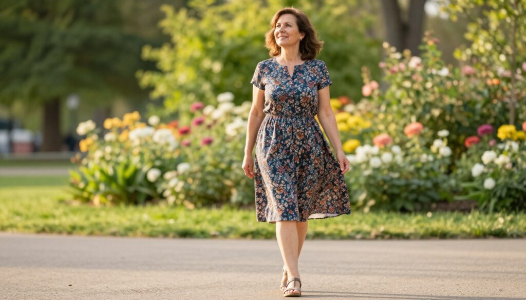 A stylish middle-aged woman standing outdoors, representing casual daily dress lengths suitable for a 50-year-old. She wears a knee-length floral dress with modest sleeves, paired with comfortable sandals. Her expression is cheerful and relaxed as she enjoys a sunny day at a park. The background features soft, blurred greenery and blooming flowers, emphasizing a serene and pleasant atmosphere. The lighting is warm and natural, creating a welcoming and inviting mood. The scene is captured with a slight upward angle, giving a sense of openness and freedom, while focusing on the dress and its practical elegance for everyday outings.