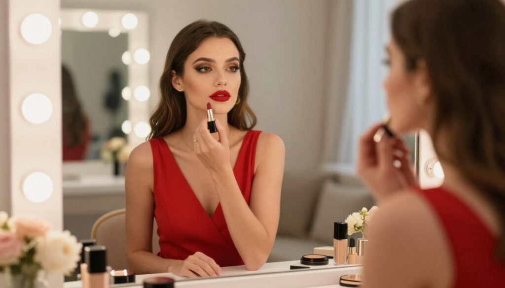 A stylish woman applying makeup in front of a mirror, showcasing two distinct looks: daytime and evening, complemented by a beautiful red dress. In the foreground, focus on the woman gently applying a soft, natural foundation and a subtle lip color for the daytime look. In the middle, the mirror reflects her transitioning to an evening look with bold red lipstick and smokey eye makeup. The background features a chic, softly-lit vanity adorned with cosmetics and floral accents. Use warm, inviting lighting to create a cozy atmosphere, with a slight bokeh effect to emphasize the subject. Capture the elegance of both makeup styles while maintaining a professional and refined aesthetic. A stylish woman applying makeup in front of a mirror, showcasing two distinct looks: daytime and evening, complemented by a beautiful red dress. In the foreground, focus on the woman gently applying a soft, natural foundation and a subtle lip color for the daytime look. In the middle, the mirror reflects her transitioning to an evening look with bold red lipstick and smokey eye makeup. The background features a chic, softly-lit vanity adorned with cosmetics and floral accents. Use warm, inviting lighting to create a cozy atmosphere, with a slight bokeh effect to emphasize the subject. Capture the elegance of both makeup styles while maintaining a professional and refined aesthetic.