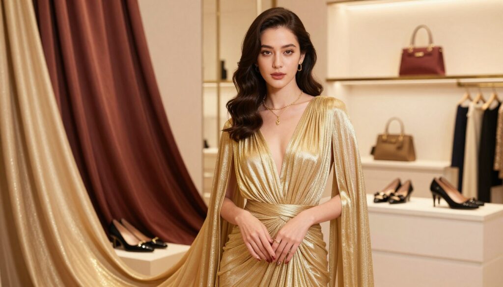 A stylish woman elegantly dressed in a stunning gold dress, standing confidently in a well-lit boutique setting. Her hair is styled in soft waves, framing her face beautifully. The dress flows gracefully, shimmering subtly under the warm lighting, with tasteful accessories including delicate gold jewelry and matching elegant nails painted in a sophisticated color. In the foreground, a close-up of the woman's hands showcases the nail art, complementing the metallic tones of the outfit. The middle ground features luxurious fabric drapes and stylish displays of footwear and handbags in rich colors, enhancing the overall elegance. The background consists of soft-focus elements highlighting sophisticated decor, creating an atmosphere of glamour and refinement, inviting the viewer to visualize a complete coordinated outfit.
