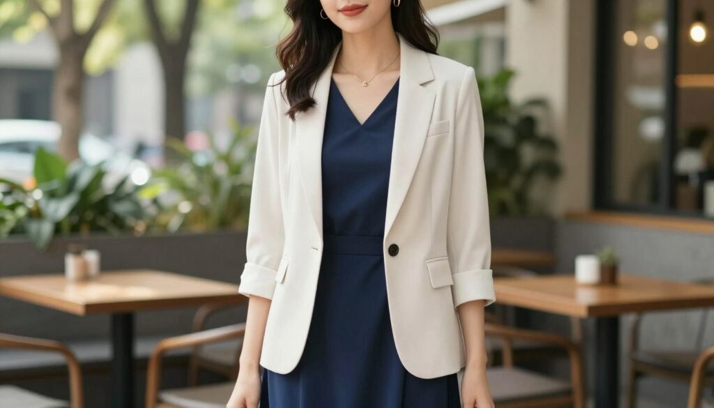 A stylish woman stands confidently in a casual setting, wearing a chic navy blue dress, paired with a light-colored, relaxed-fit blazer. Her outfit exudes a modern, effortless style, combining elegance with everyday comfort. The foreground features the woman with her hair styled in soft waves, and she is accessorized with simple, delicate jewelry. In the middle, the blazer complements the navy dress, providing a fresh contrast. The background showcases a cozy outdoor café setting with greenery and soft sunlight filtering through trees, creating a warm and inviting atmosphere. The image is captured with a soft focus lens to enhance the subject while providing a bokeh effect in the background, conveying a laid-back yet fashionable vibe perfect for casual outings. A stylish woman stands confidently in a casual setting, wearing a chic navy blue dress, paired with a light-colored, relaxed-fit blazer. Her outfit exudes a modern, effortless style, combining elegance with everyday comfort. The foreground features the woman with her hair styled in soft waves, and she is accessorized with simple, delicate jewelry. In the middle, the blazer complements the navy dress, providing a fresh contrast. The background showcases a cozy outdoor café setting with greenery and soft sunlight filtering through trees, creating a warm and inviting atmosphere. The image is captured with a soft focus lens to enhance the subject while providing a bokeh effect in the background, conveying a laid-back yet fashionable vibe perfect for casual outings.
