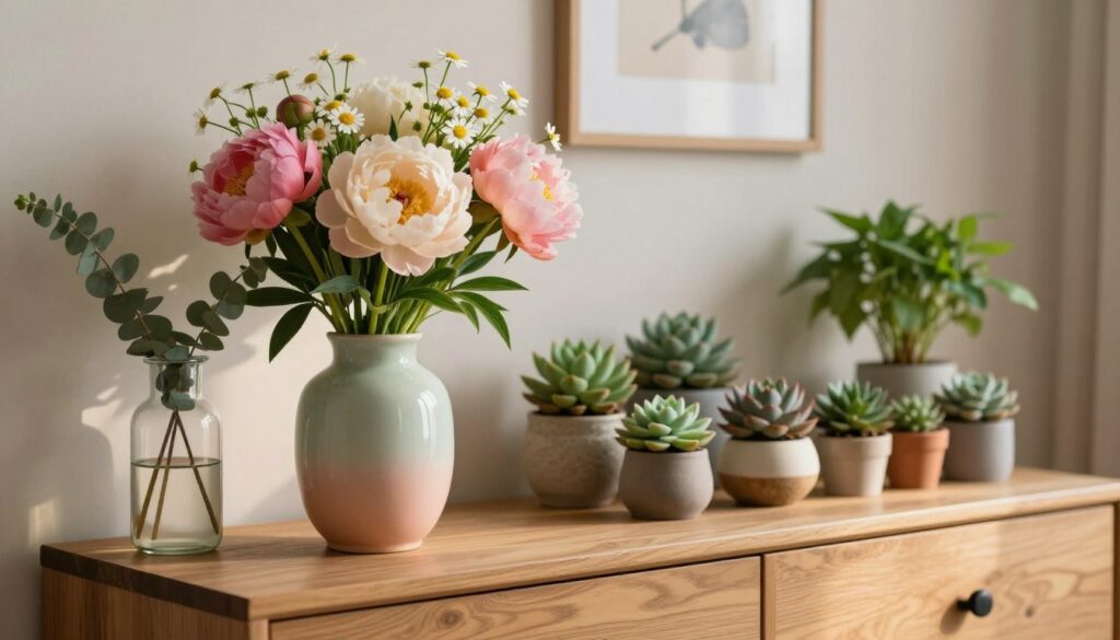 A stylish wooden commode adorned with an assortment of elegant vases, showcasing fresh flowers and lush green plants. In the foreground, a tall ceramic vase in soft pastel shades holds vibrant peonies and delicate daisies, their petals gently illuminated by warm, natural light. Beside it, a smaller glass vase filled with eucalyptus branches adds a touch of modern elegance. The middle ground features a neatly arranged collection of potted succulents, their varied textures and colors creating a harmonious display. The background reveals a softly blurred wall adorned with neutral-toned artwork, enhancing the serene atmosphere. The lighting is soft and diffused, casting gentle shadows, while the overall composition conveys a sense of peace and organized beauty, perfect for a stylish home decor setting.