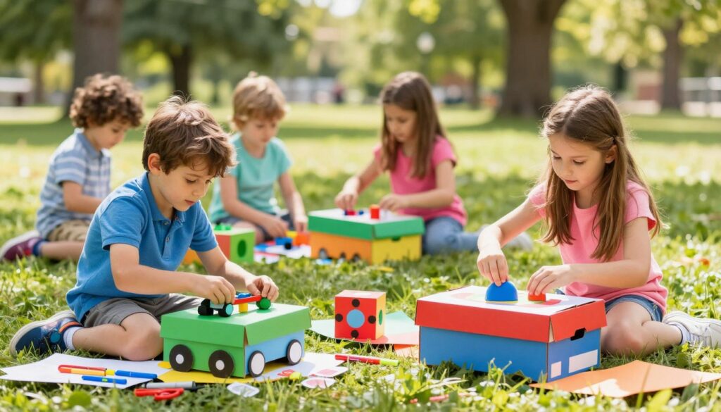 A vibrant scene depicting children engaged in playful creativity with shoe boxes. In the foreground, two children, a boy and a girl, are constructing imaginative toys from colorful shoe boxes, surrounded by craft supplies like markers, stickers, and scissors. The boy is building a mini car, while the girl is decorating a box as a spaceship. In the middle ground, other children are collaborating, showcasing their unique creations. The background features a bright, sunny park with green grass and trees, creating an inviting atmosphere. Soft natural lighting illuminates the scene, enhancing the joyful mood. Capture the excitement and imagination in a lively, dynamic composition, emphasizing the fun of creative play.