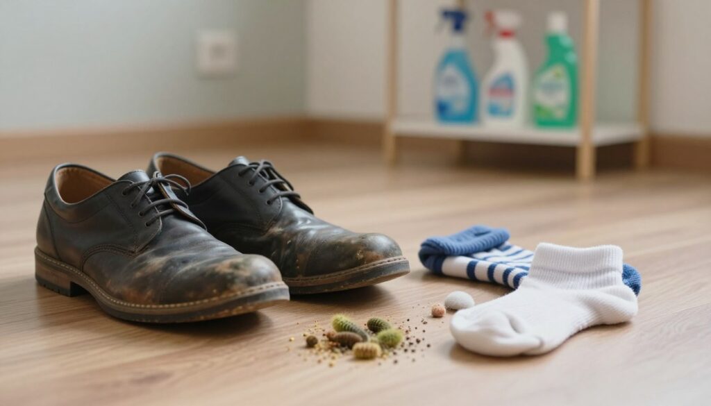 A visually engaging scene illustrating the causes of unpleasant shoe odor. In the foreground, depict a pair of worn-out shoes, slightly open to reveal inner soles stained or marked, alongside an assortment of common causes like bacteria, moisture, and old socks. In the middle, incorporate subtle details of a room with a light-colored wooden floor and soft ambient lighting that highlights the shoes, creating a calm atmosphere. In the background, show a small shelf with shoe cleaning products, such as sprays and powders, to hint at solutions. The overall mood is informative yet approachable, inviting readers to discover the problem's origins. Use a shallow depth of field to emphasize the shoes while keeping the background softly blurred, shot from a slightly elevated angle.