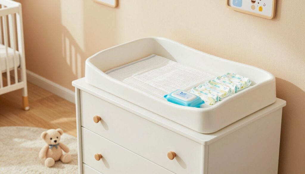 A well-designed nursery scene showcasing a changing table on top of a stylish dresser. In the foreground, focus on the changing table—its dimensions clearly visible, surrounded by neatly arranged baby essentials like diapers and wipes. The dresser stands at a comfortable height, with soft lighting illuminating the surface, creating a warm, inviting atmosphere. In the middle ground, there is a soft rug on the floor, with a plush toy nearby, emphasizing safety and comfort for both the baby and caregiver. In the background, pastel-colored walls and whimsical decor enhance the nursery setting. The composition should convey a sense of harmony, practical design, and a nurturing environment. A slight viewpoint from above captures both the changing table and dresser in relation to each other.