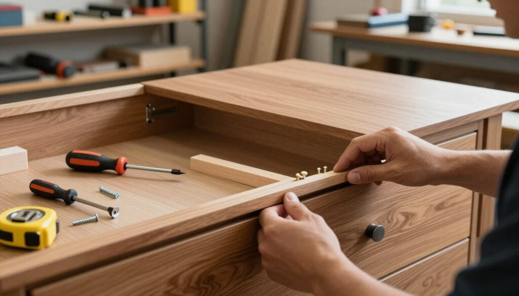 A well-lit workshop scene focused on the assembly of a furniture piece, specifically a dresser. In the foreground, a close-up view of hands carefully aligning the base and main body of the dresser, using wooden dowels and screws. Tools like a screwdriver and a tape measure are visible, emphasizing a meticulous assembly process. The middle ground shows partially assembled dresser components, showcasing rich wood grain textures and construction details, with emphasis on drawer slides and side panels. In the background, shelves filled with tools and materials create a workshop atmosphere. Soft, natural lighting casts gentle shadows, conveying a calm, focused mood. A working environment that feels professional yet accessible, encouraging a sense of craftsmanship and precision. A well-lit workshop scene focused on the assembly of a furniture piece, specifically a dresser. In the foreground, a close-up view of hands carefully aligning the base and main body of the dresser, using wooden dowels and screws. Tools like a screwdriver and a tape measure are visible, emphasizing a meticulous assembly process. The middle ground shows partially assembled dresser components, showcasing rich wood grain textures and construction details, with emphasis on drawer slides and side panels. In the background, shelves filled with tools and materials create a workshop atmosphere. Soft, natural lighting casts gentle shadows, conveying a calm, focused mood. A working environment that feels professional yet accessible, encouraging a sense of craftsmanship and precision.