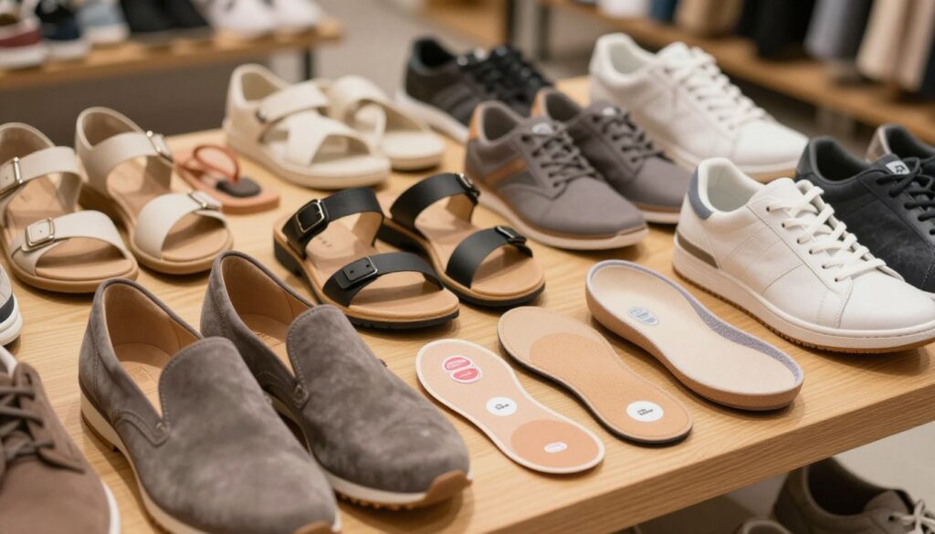 A well-organized display of various footwear and accessories designed to prevent blisters, elegantly arranged on a wooden surface. In the foreground, feature a pair of stylish yet comfortable shoes, paired with blister prevention stickers, cushioned insoles, and soft heel grips. The middle ground showcases a selection of sandals and sneakers, with some being open-toed and others closed, all in a range of neutral colors. The background subtly includes a blurred shoe store interior, giving a hint of retail ambiance. The lighting is warm and inviting, accentuating the textures of the materials, while the angle is slightly top-down to create an inviting perspective. The overall atmosphere is one of comfort and readiness, conveying the theme of choosing the right footwear and accessories. A well-organized display of various footwear and accessories designed to prevent blisters, elegantly arranged on a wooden surface. In the foreground, feature a pair of stylish yet comfortable shoes, paired with blister prevention stickers, cushioned insoles, and soft heel grips. The middle ground showcases a selection of sandals and sneakers, with some being open-toed and others closed, all in a range of neutral colors. The background subtly includes a blurred shoe store interior, giving a hint of retail ambiance. The lighting is warm and inviting, accentuating the textures of the materials, while the angle is slightly top-down to create an inviting perspective. The overall atmosphere is one of comfort and readiness, conveying the theme of choosing the right footwear and accessories.