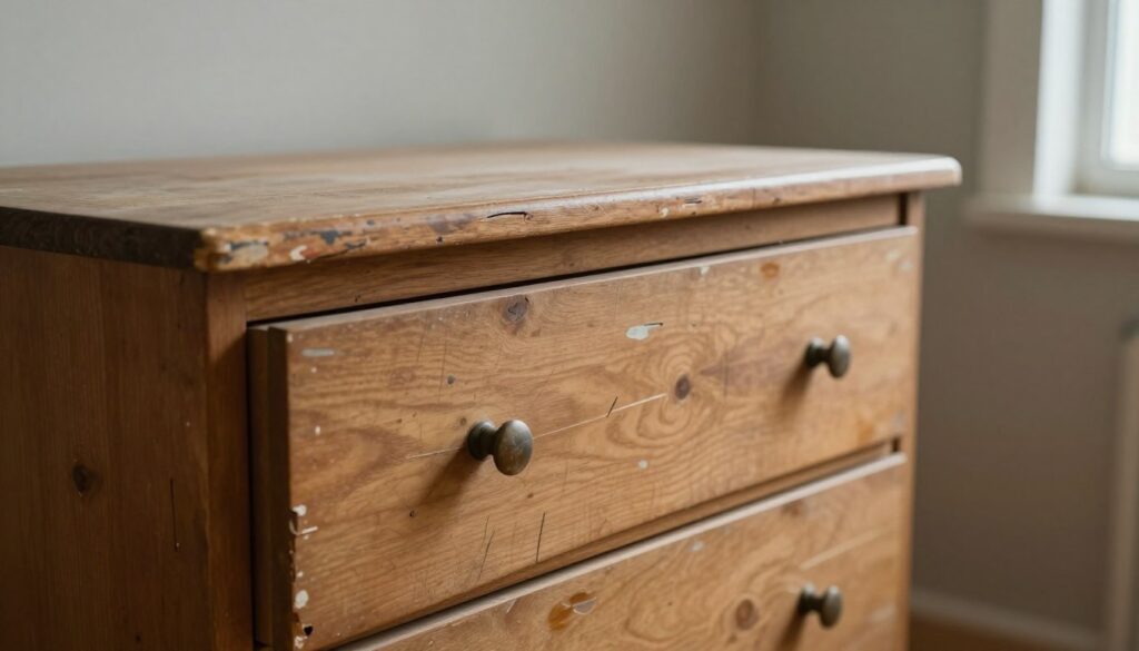 An aged wooden dresser displaying various states of wear and damage, featuring scratches, chipped paint, and stains on its surface. In the foreground, a close-up view highlights a key section with visible scratches and a missing drawer handle, inviting scrutiny. The middle ground showcases the entire dresser in a softly lit interior, with natural light filtering through a nearby window, casting gentle shadows that emphasize the wood grain and imperfections. The background includes a simple, uncluttered room setting with neutral tones to keep the focus on the dresser. The overall mood is calm and reflective, suggesting a restoration project in progress, conveying the potential for transformation and renewal. An aged wooden dresser displaying various states of wear and damage, featuring scratches, chipped paint, and stains on its surface. In the foreground, a close-up view highlights a key section with visible scratches and a missing drawer handle, inviting scrutiny. The middle ground showcases the entire dresser in a softly lit interior, with natural light filtering through a nearby window, casting gentle shadows that emphasize the wood grain and imperfections. The background includes a simple, uncluttered room setting with neutral tones to keep the focus on the dresser. The overall mood is calm and reflective, suggesting a restoration project in progress, conveying the potential for transformation and renewal.